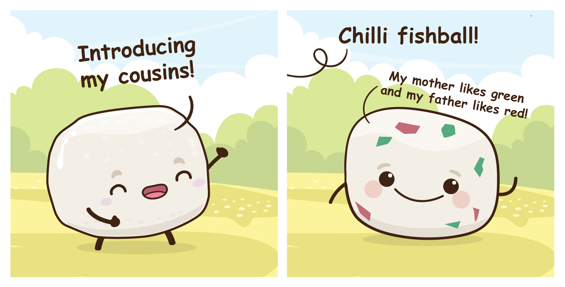 Two-panel cartoon: smiling white fishball introduces cousins; another fishball has red and green pieces on top.
